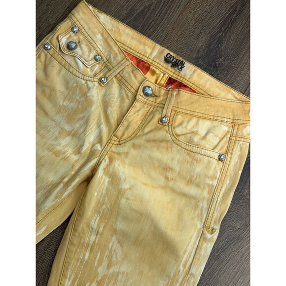 Crystal Rock Christian Audigier Skinny Leg Yellow Raw Hem Streetwear Jeans Sz 30 - Picture 2 of 3